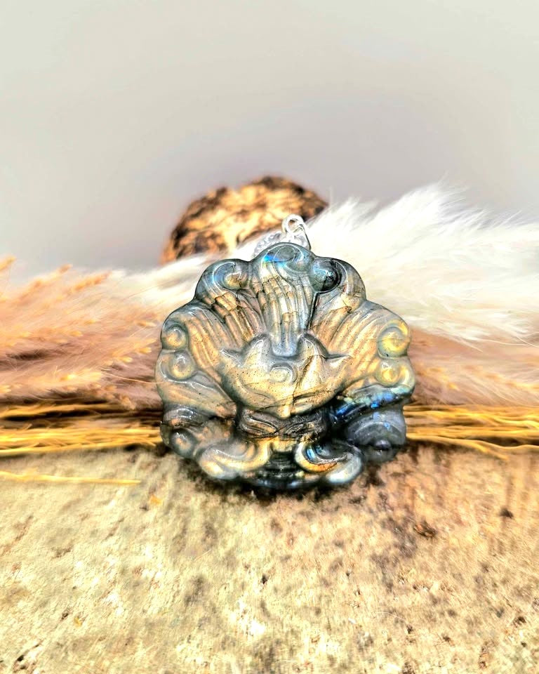 Nature Labradorite Nine Tails Fox God Pendant Necklace