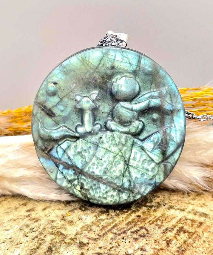 Nature Labradorite Little Prince And Fox Pendant Necklace