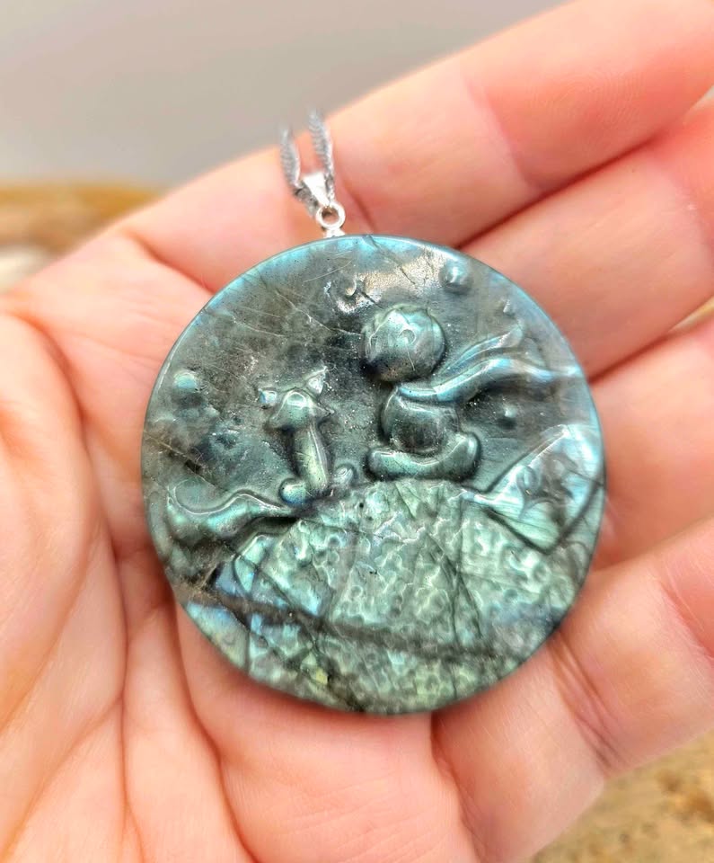 Nature Labradorite Little Prince And Fox Pendant Necklace
