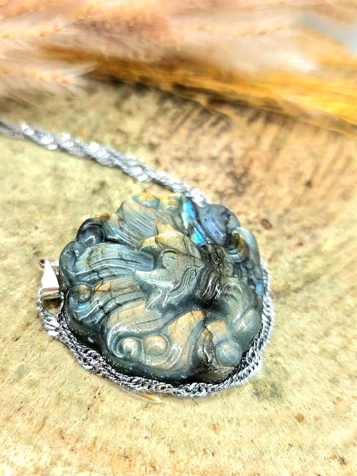 Nature Labradorite Nine Tails Fox God Pendant Necklace
