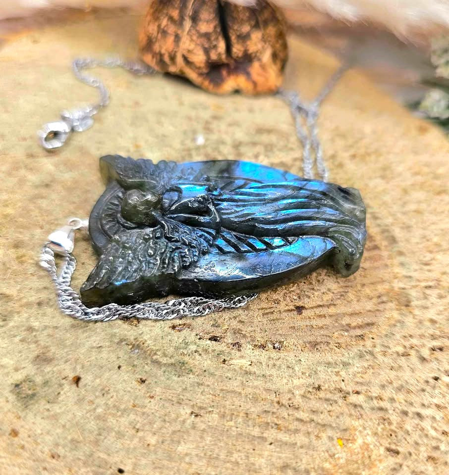 Nature Labradorite Carved Flashy Praying Angel Pendant Necklace