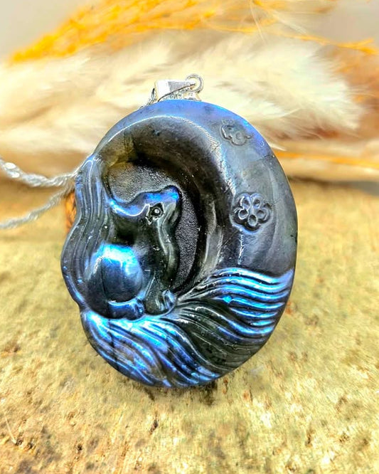 Nature Labradorite Nine Tails Fox And Moon Pendant Necklace