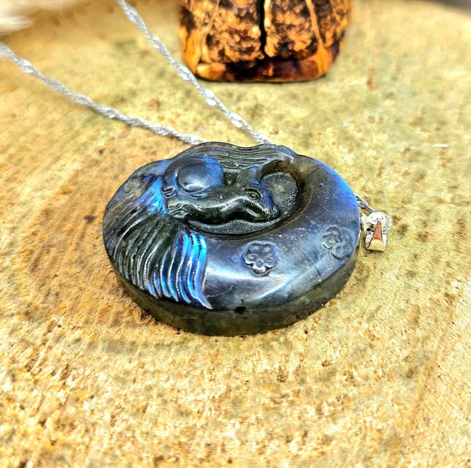 Nature Labradorite Nine Tails Fox And Moon Pendant Necklace