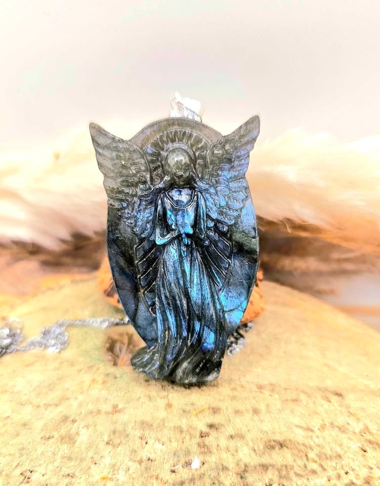 Nature Labradorite Carved Flashy Praying Angel Pendant Necklace