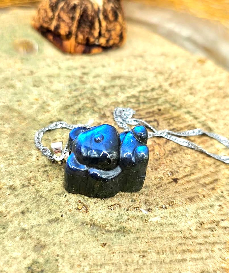 Nature Labradorite Carved Bear Pendant Necklace