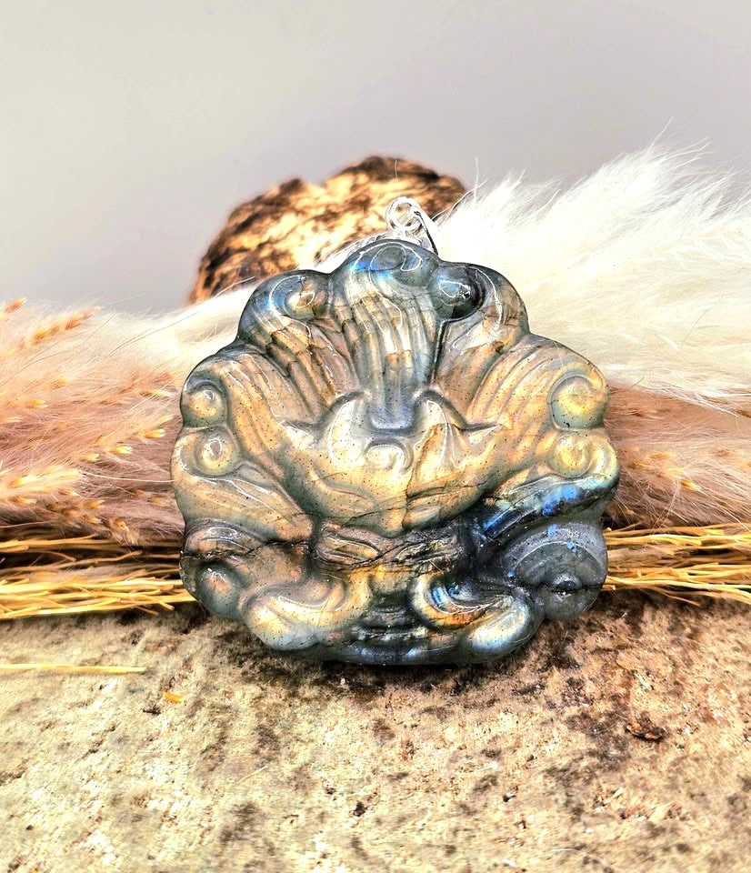 Nature Labradorite Nine Tails Fox God Pendant Necklace