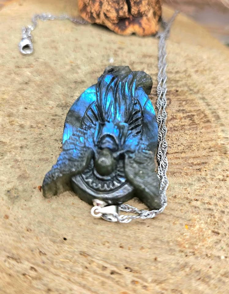 Nature Labradorite Carved Flashy Praying Angel Pendant Necklace