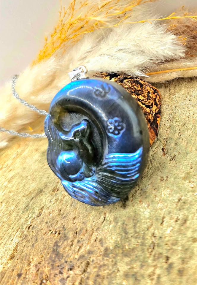 Nature Labradorite Nine Tails Fox And Moon Pendant Necklace