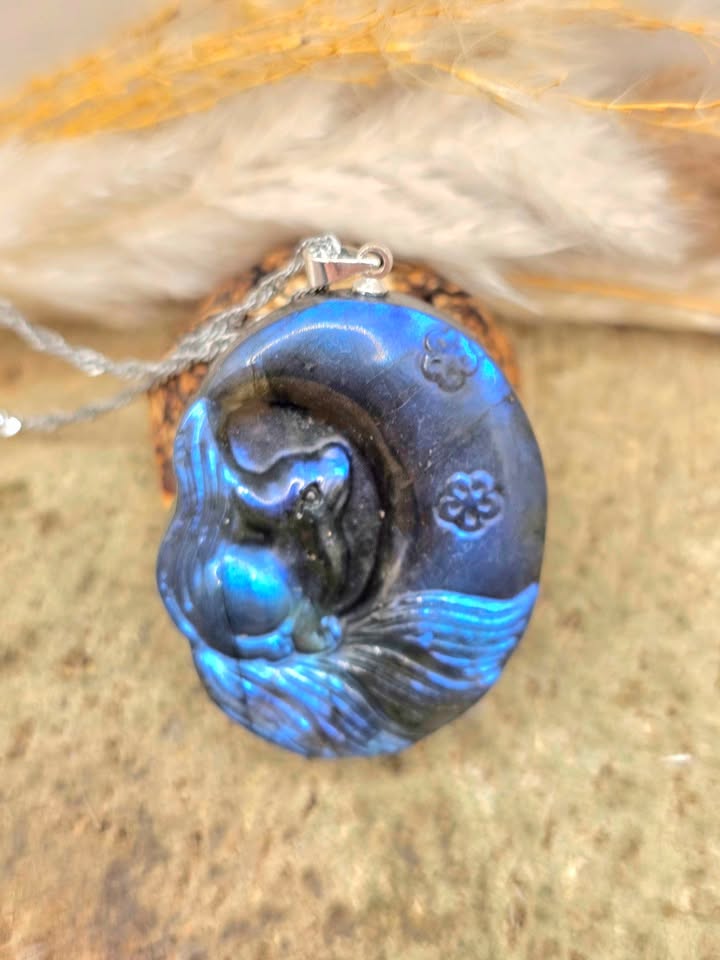 Nature Labradorite Nine Tails Fox And Moon Pendant Necklace