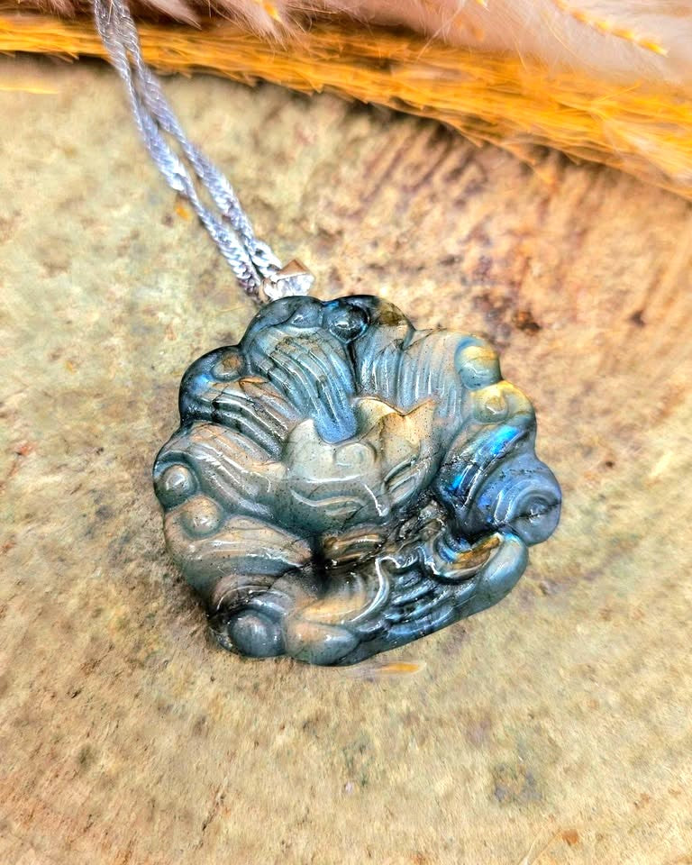 Nature Labradorite Nine Tails Fox God Pendant Necklace