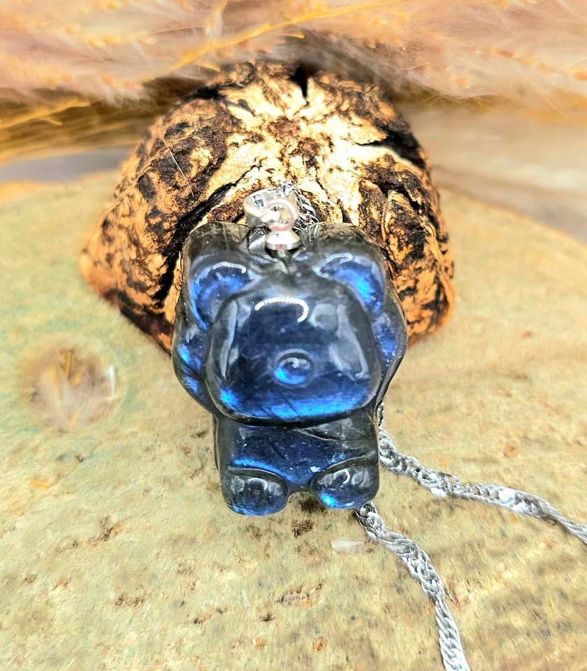Nature Labradorite Carved Bear Pendant Necklace