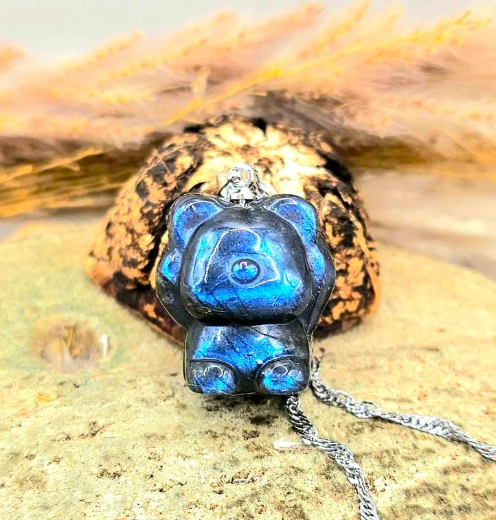 Nature Labradorite Carved Bear Pendant Necklace
