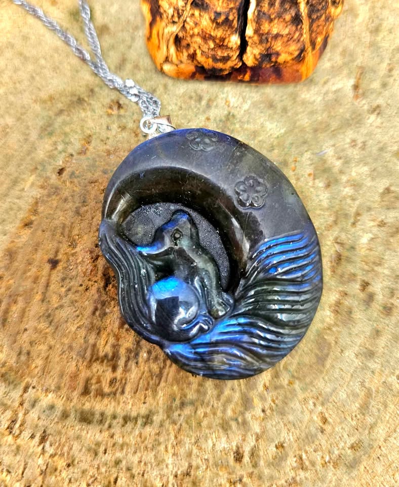 Nature Labradorite Nine Tails Fox And Moon Pendant Necklace