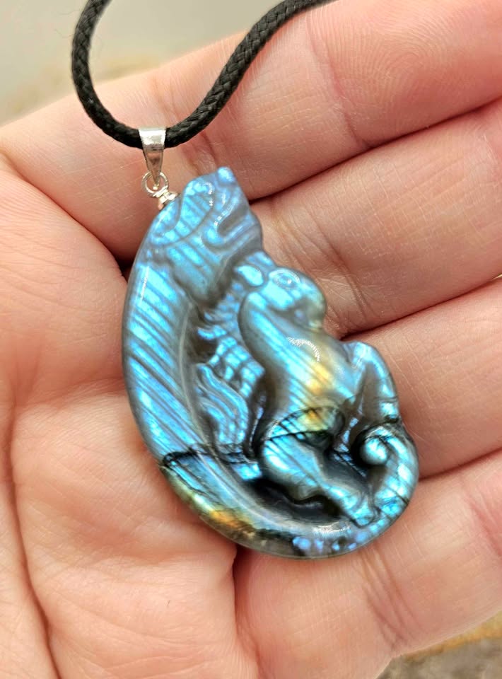 Nature Labradorite Horse And Dragon Pendant Necklace