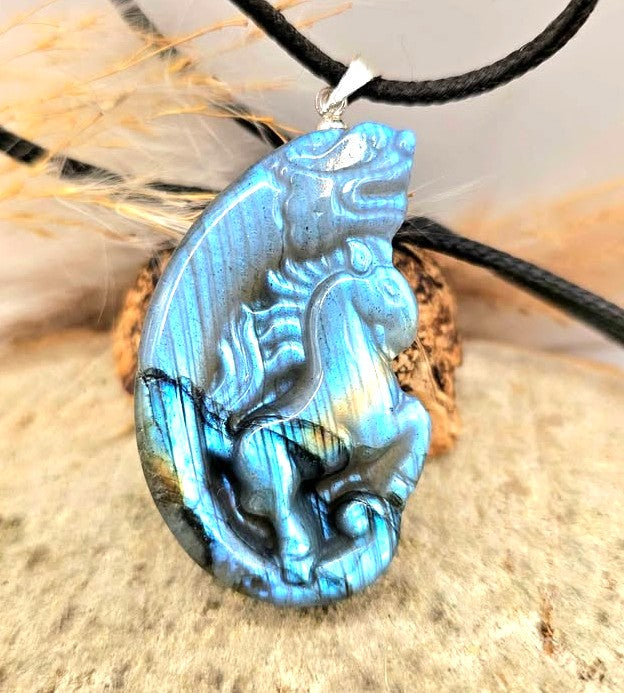 Nature Labradorite Horse And Dragon Pendant Necklace