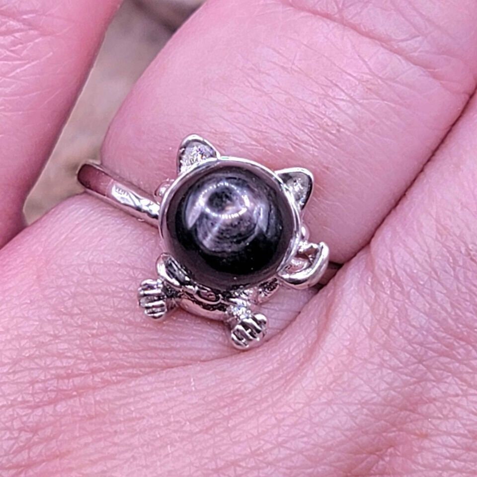 Adorable Nature Hypersthene Cat Eye Flash Silver Cat Design Adjustable Ring