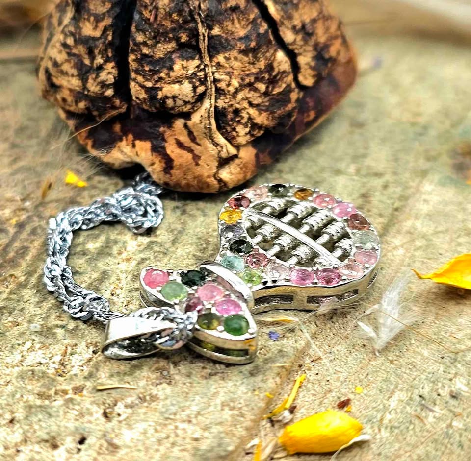 Rainbow Tourmaline Gemstone Abacus Coin Bag Pendant Necklace