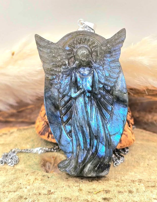 Nature Labradorite Carved Flashy Praying Angel Pendant Necklace