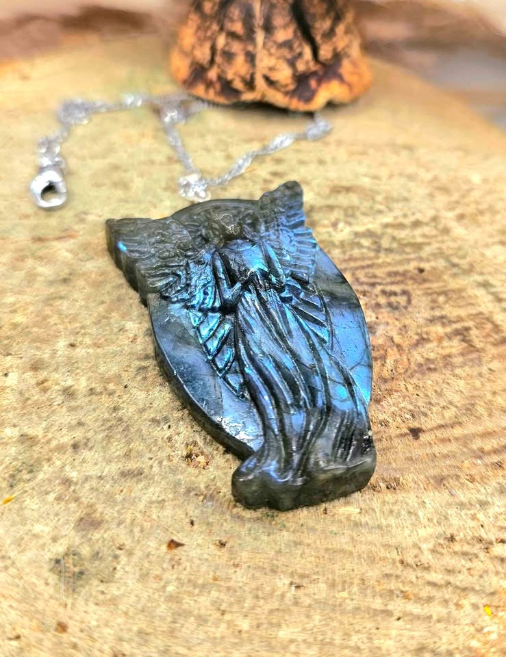 Nature Labradorite Carved Flashy Praying Angel Pendant Necklace