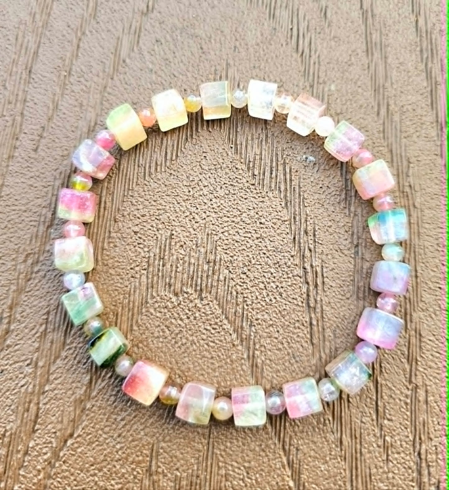 Premium grade watermelon tourmaline crystal cube bracelet bead close-up — My Aura Gemstones