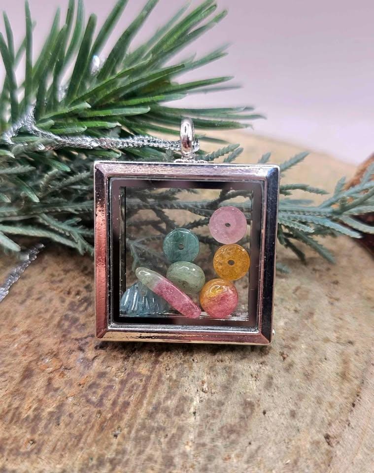 Nature Rainbow Tourmaline Beads Filled Silver Openable Floating Locket Pendant Necklace