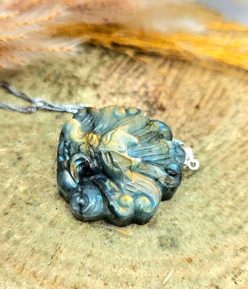 Nature Labradorite Nine Tails Fox God Pendant Necklace