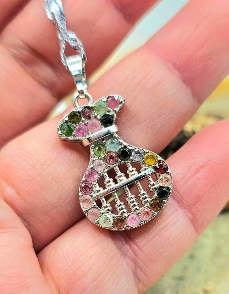 Rainbow Tourmaline Gemstone Abacus Coin Bag Pendant Necklace
