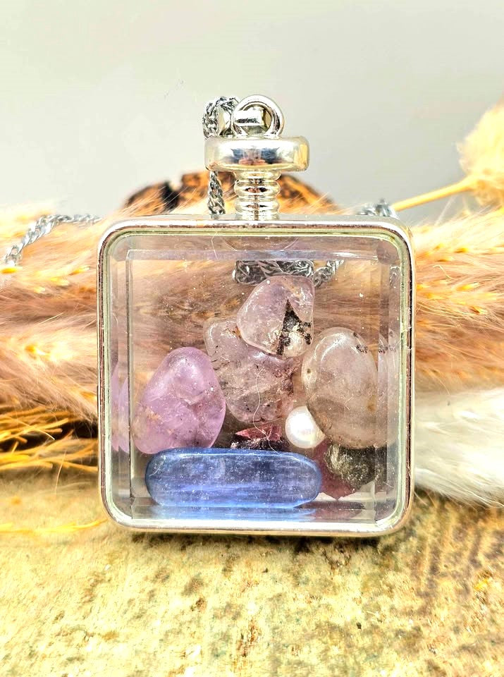 Nature Mixed Crystal Stones Square Floating Pendant Necklace