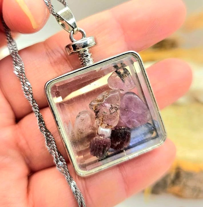 Nature Mixed Crystal Stones Square Floating Pendant Necklace