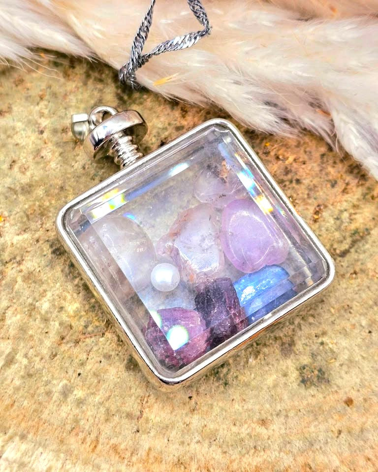 Nature Mixed Crystal Stones Square Floating Pendant Necklace