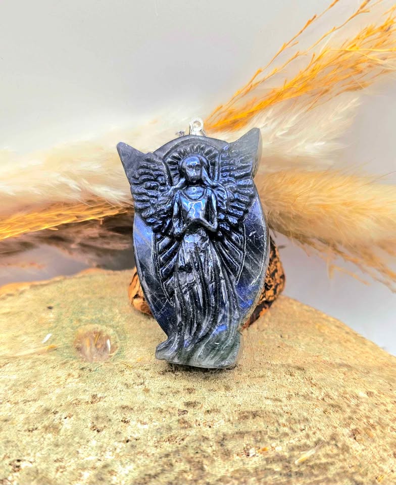 Nature Labradorite Carved Flashy Praying Angel Pendant Necklace