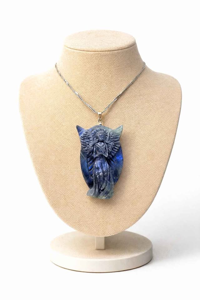 Nature Labradorite Carved Flashy Praying Angel Pendant Necklace