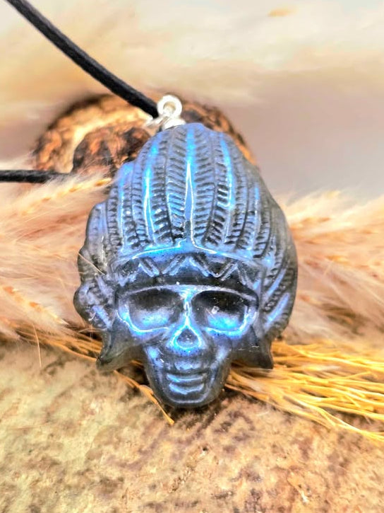 Nature Labradorite Native American Head Skull Pendant Necklace.