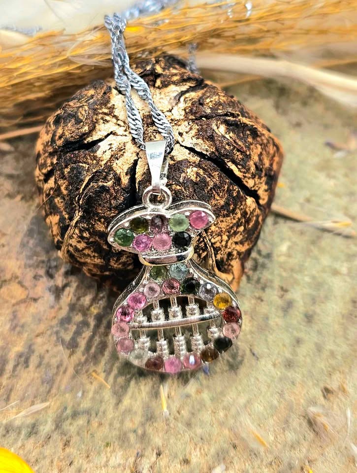 Rainbow Tourmaline Gemstone Abacus Coin Bag Pendant Necklace