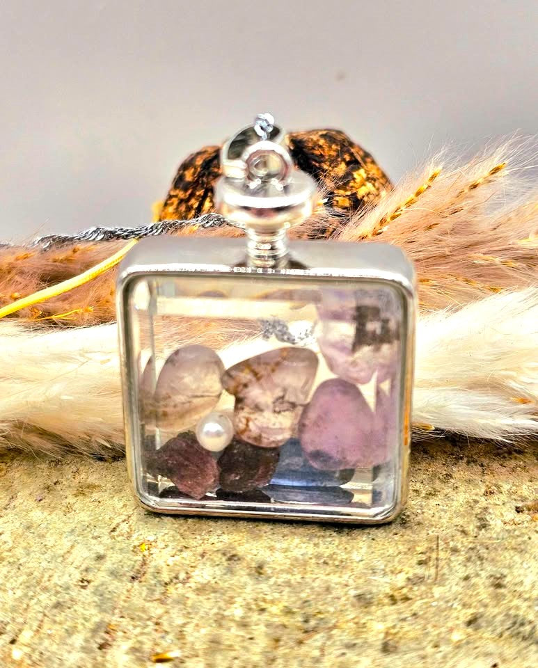 Nature Mixed Crystal Stones Square Floating Pendant Necklace