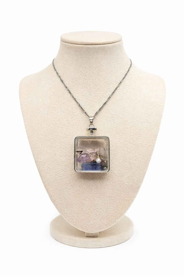 Nature Mixed Crystal Stones Square Floating Pendant Necklace