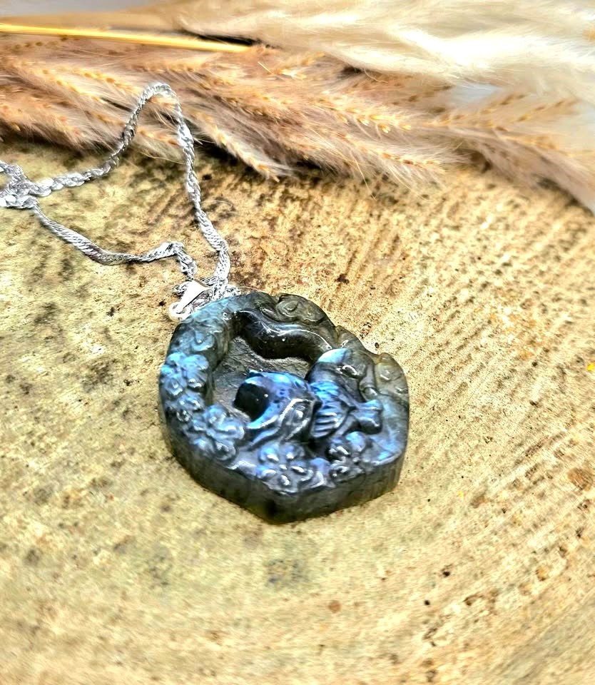 Nature Labradorite Carved Nine Tails Fox Pendant Necklace