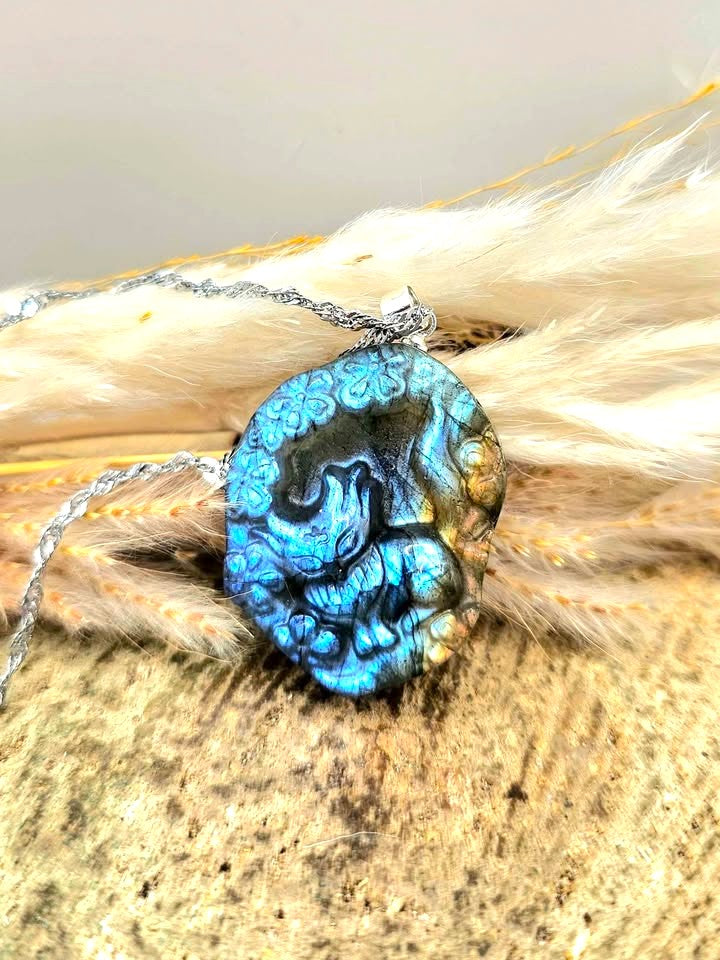 Nature Labradorite Carved Nine Tails Fox Pendant Necklace