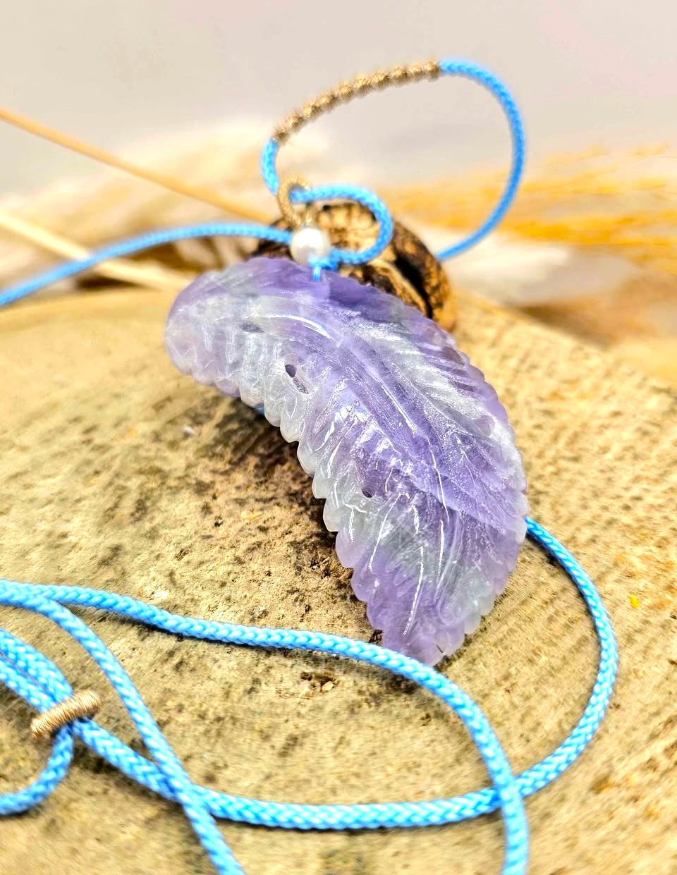 Nature Purple Fluorite Hand Carved Leaf Pendant Necklace