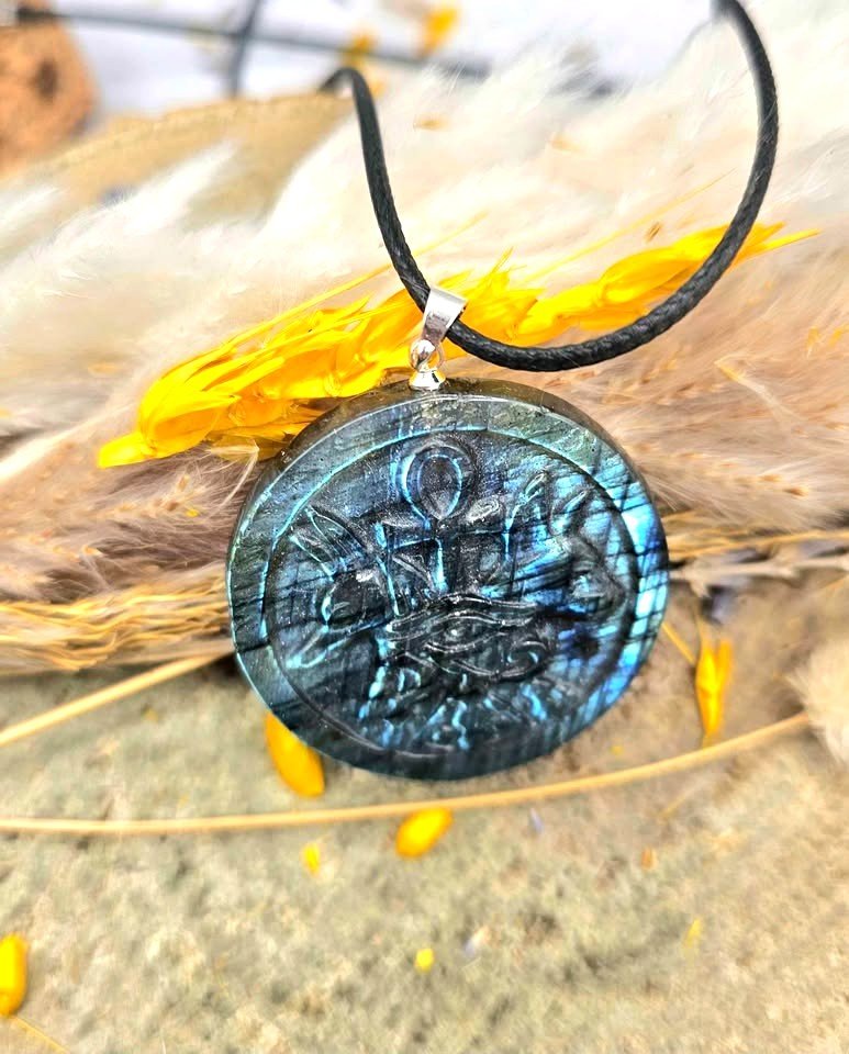 Labradorite carved flashy Egyptian symbols pendant necklace carving detail — My Aura Gemstones