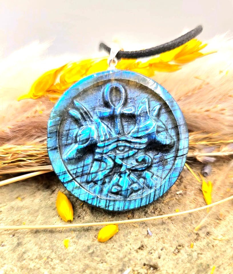 Natural labradorite carved flashy Egyptian symbols crystal pendant necklace — My Aura Gemstones