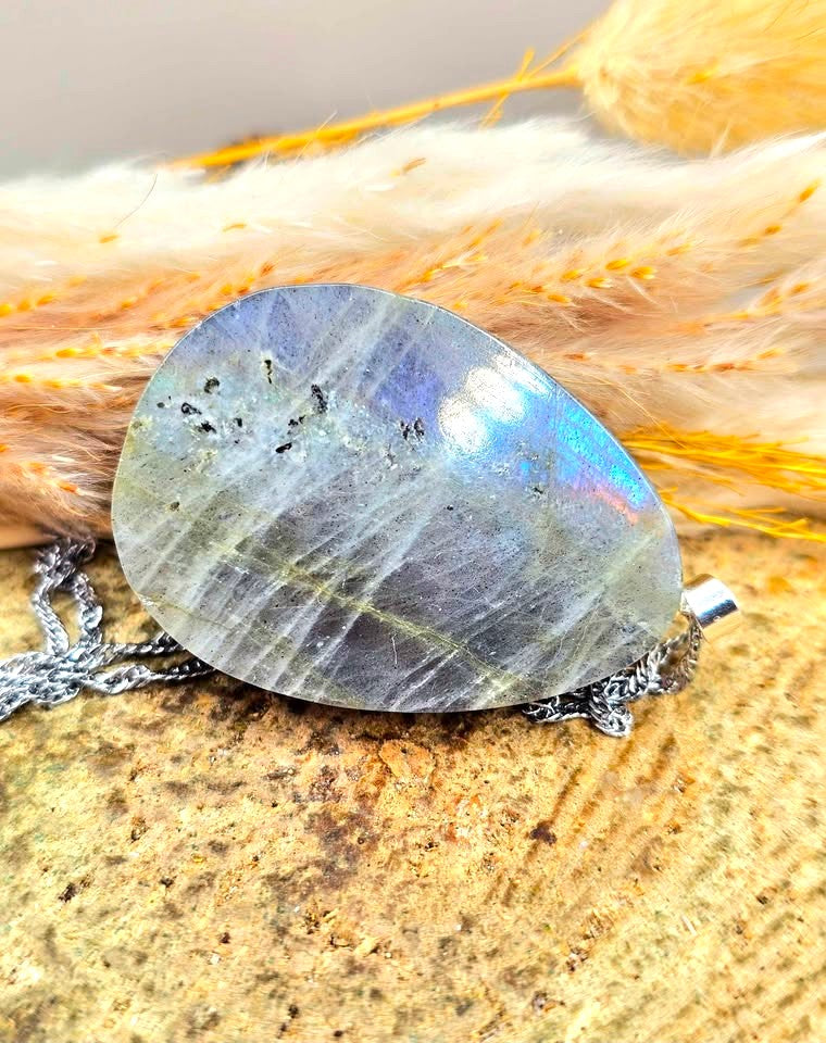 Nature Labradorite Carved Tibetan Buddhism God Pendant Necklace