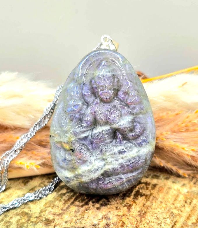 Nature Labradorite Carved Tibetan Buddhism God Pendant Necklace