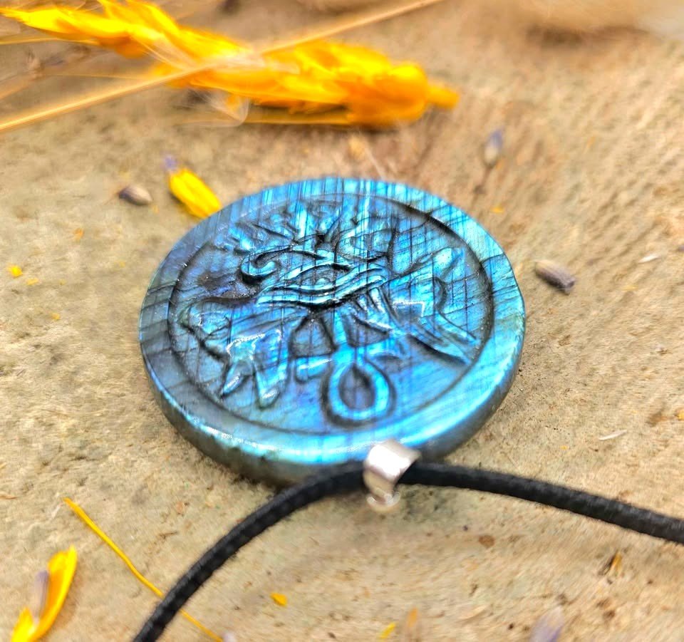 Labradorite carved flashy Egyptian symbols pendant necklace back view — My Aura Gemstones
