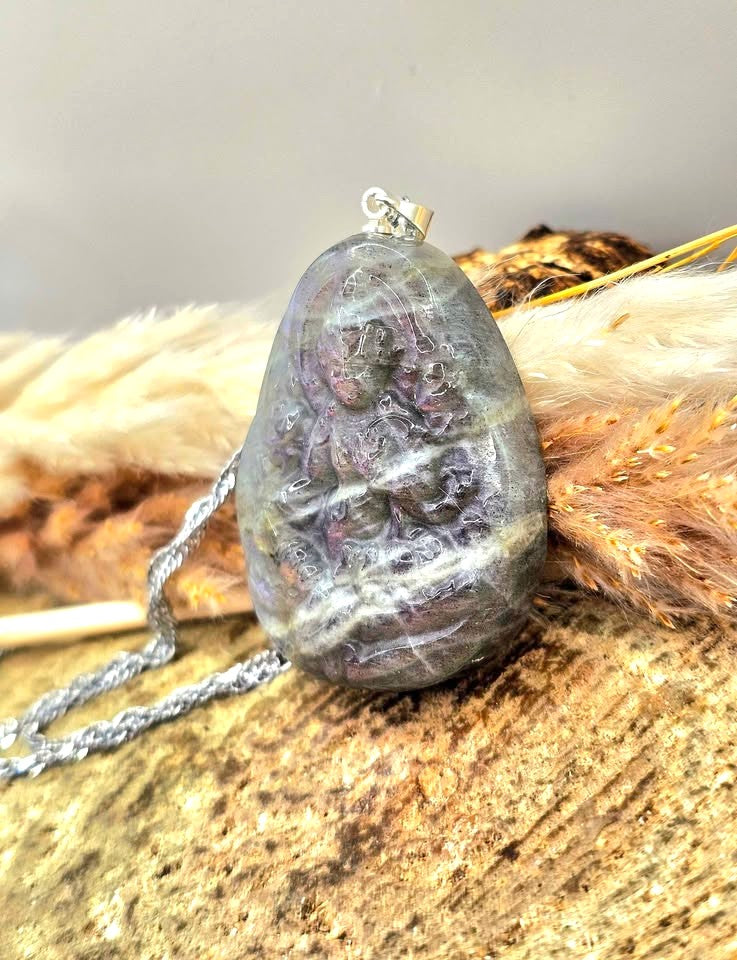 Nature Labradorite Carved Tibetan Buddhism God Pendant Necklace