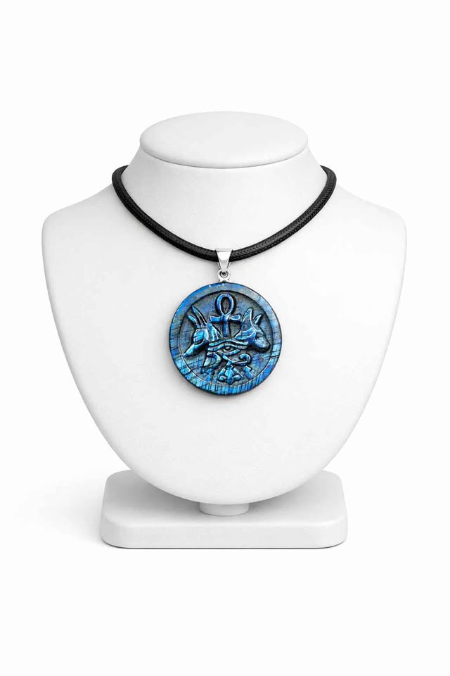 Labradorite carved flashy Egyptian symbols pendant necklace flash close-up — My Aura Gemstones