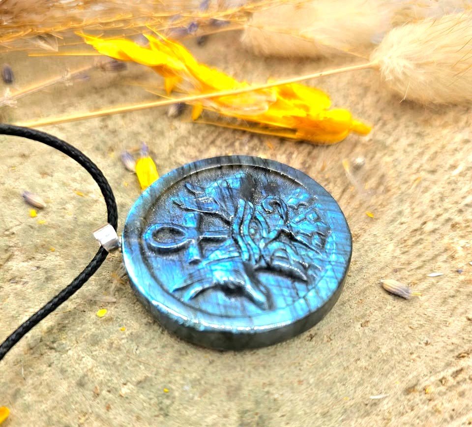Labradorite carved flashy Egyptian symbols pendant necklace worn — My Aura Gemstones