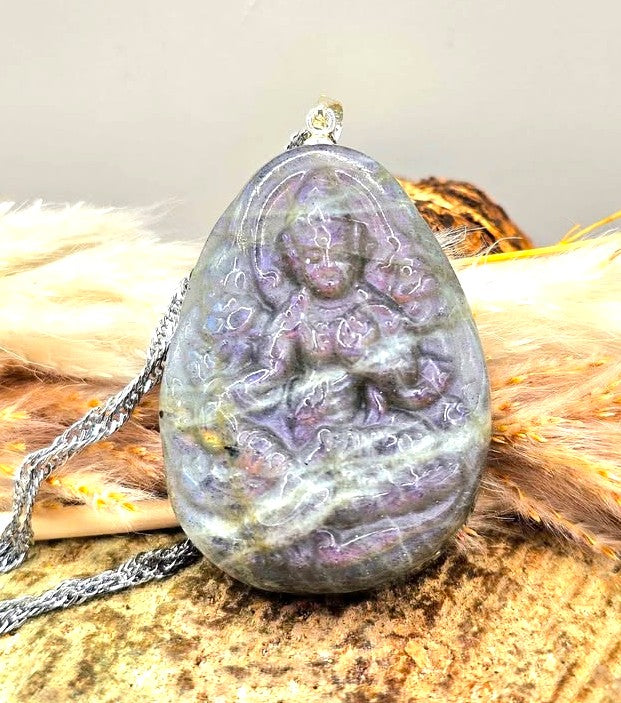 Nature Labradorite Carved Tibetan Buddhism God Pendant Necklace