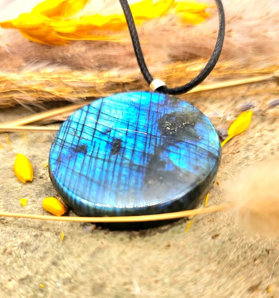Labradorite carved flashy Egyptian symbols pendant necklace alternate angle — My Aura Gemstones