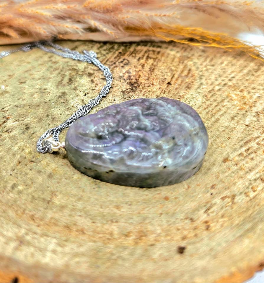 Nature Labradorite Carved Tibetan Buddhism God Pendant Necklace